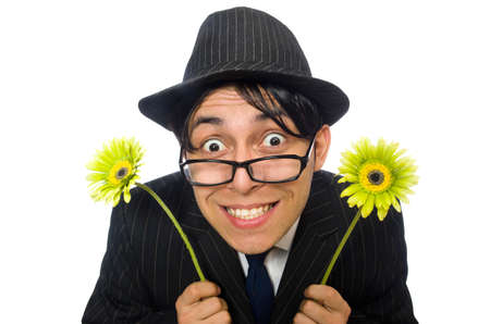 Young man in black costume with flower isolated on whiteの写真素材
