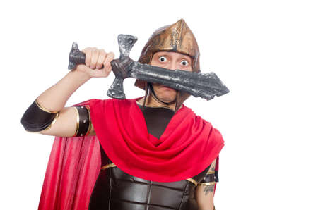 Gladiator holding sword isolated on whiteの写真素材