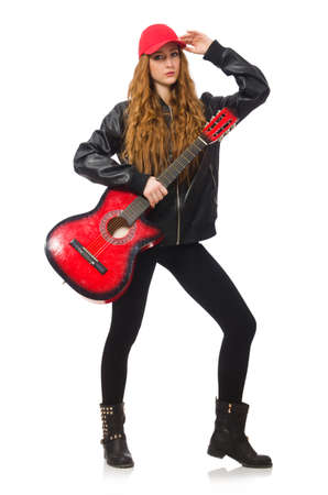 Pretty girl with guitar isolated on whiteの写真素材