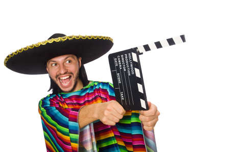 Handsome man in vivid poncho isolated on whiteの写真素材