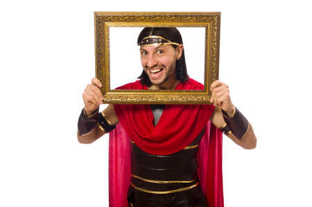 Gladiator holding picture frame isolated on white