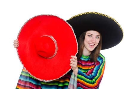 Pretty mexican girl in vivid poncho isolated on whiteの写真素材