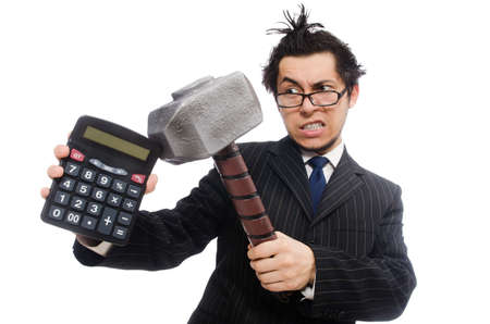 Young employee holding calculator isolated on whiteの写真素材