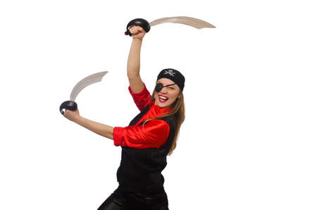 Pretty pirate girl holding sword isolated on whiteの写真素材