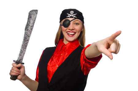 Pretty pirate girl holding sword isolated on whiteの写真素材