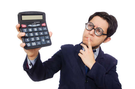 Funny man with calculator isolated on whiteの写真素材