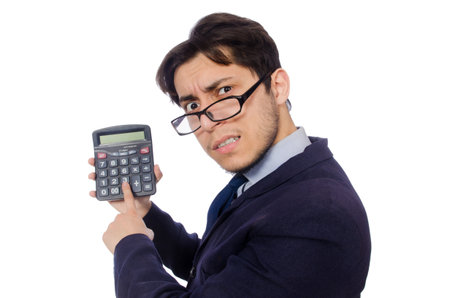 Funny man with calculator isolated on whiteの写真素材