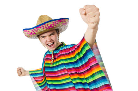 Funny young mexican with false moustache isolated on whiteの写真素材