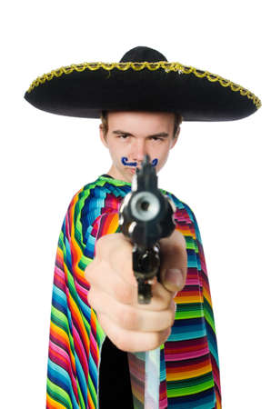 Funny young mexican with gun isolated on whiteの写真素材