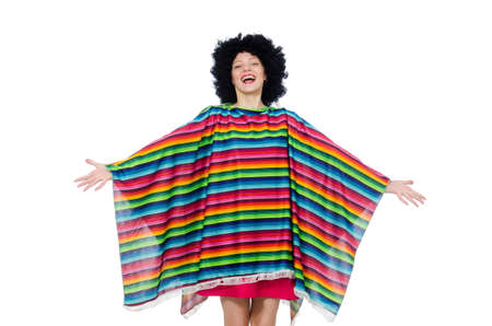 Pretty girl in mexican poncho isolated on whiteの写真素材