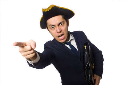 Young captain with briefcase isolated on whiteの写真素材