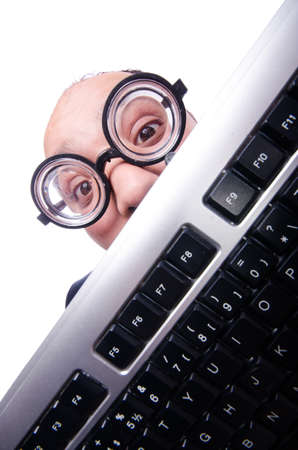 Funny man with keyboard isolated on whiteの写真素材