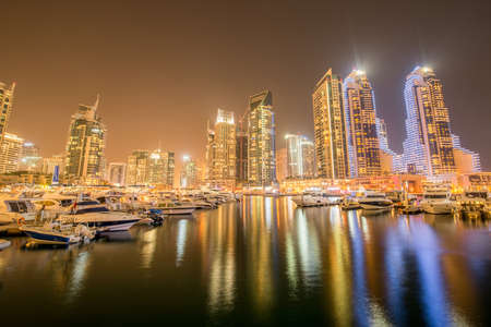 Dubai marina skyscrapers during night hoursのeditorial素材