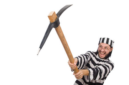 Prison inmate with axe isolated on whiteの写真素材