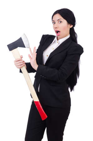 Businesswoman with axe isolated on whiteの写真素材