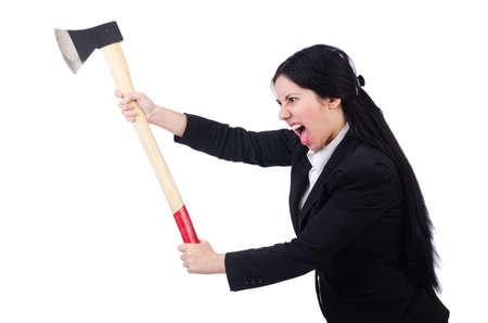 Businesswoman with axe isolated on whiteの写真素材