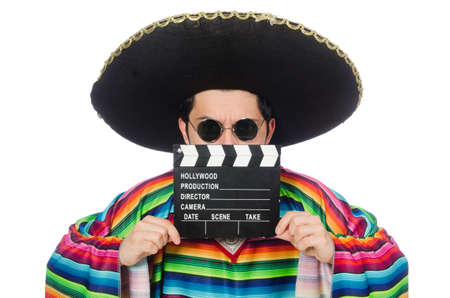 Funny mexican in poncho with clapper-board isolated on whiteの写真素材