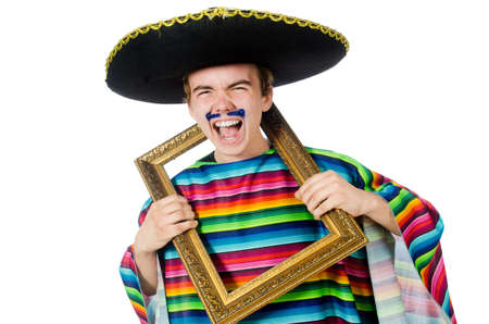 Funny young mexican with photo frame isolated on whiteの写真素材
