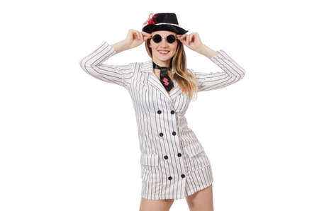 Beautiful girl in striped clothing isolated on white