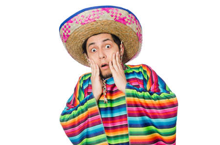 Funny mexican wearing poncho isolated on whiteの写真素材