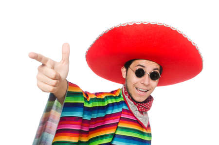 Funny mexican wearing poncho isolated on whiteの写真素材
