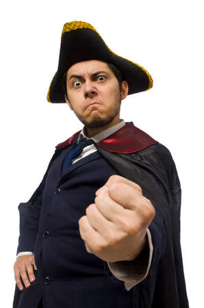 Young man wearing tricorn and coat isolated on whiteの写真素材