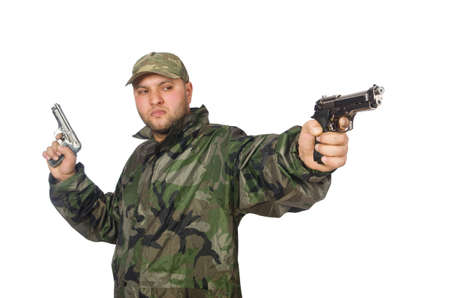 Solider holding gun isolated on whiteの写真素材
