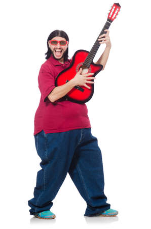 Fat man with guitar isolated on whiteの写真素材