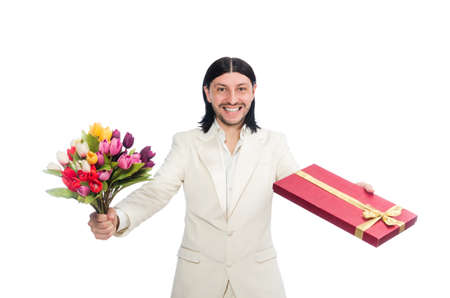 Man with giftbox isolated on whiteの写真素材