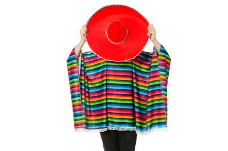 Funny young mexican with false moustache isolated on whiteの写真素材