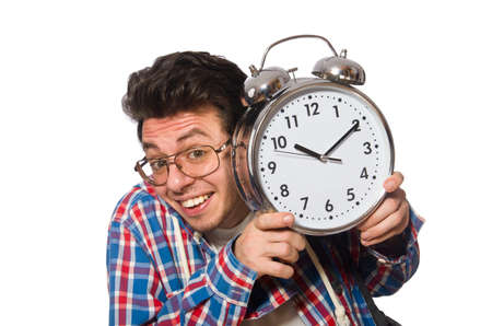 Student with alarm clock isolated on whiteの写真素材