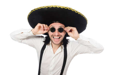 Mexican man wearing sombrero isolated on whiteの写真素材