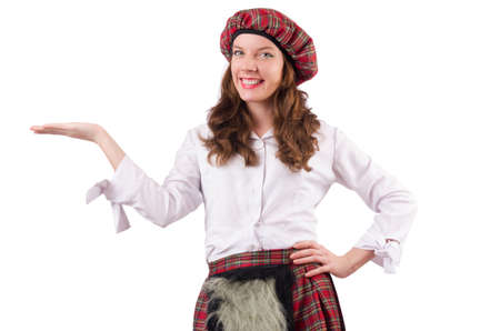 Pretty girl in plaid red clothing isolated on whiteの写真素材