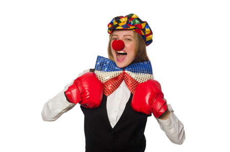 Pretty female clown with box gloves isolated on whiteの写真素材