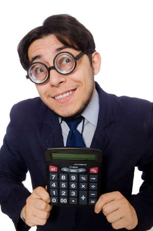 Funny man with calculator isolated on whiteの写真素材