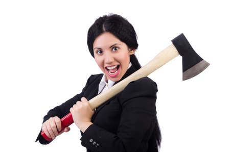 Businesswoman with axe isolated on whiteの写真素材