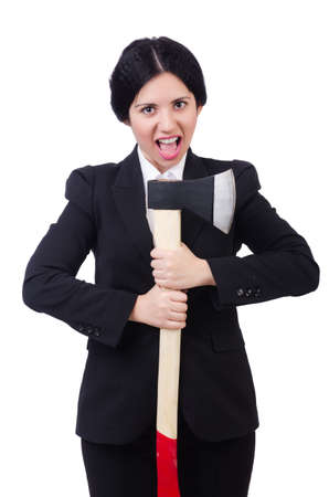 Businesswoman with axe isolated on whiteの写真素材
