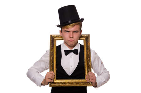 Young man holding frame isolated on whiteの写真素材