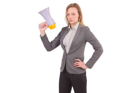 Businesslady with megaphone isolated on whiteの写真素材