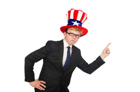 Businessman  with american hat isolated on whiteの写真素材