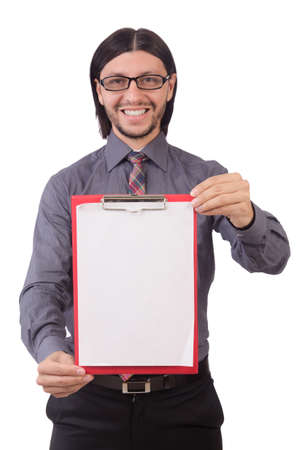 Young businessman with paper isolated on whiteの写真素材