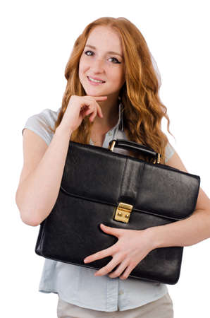 Pretty young employee with briefcase isolated on whiteの写真素材