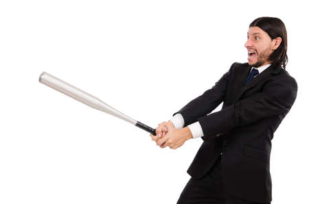 Young elegant man holding bat isolated on whiteの写真素材