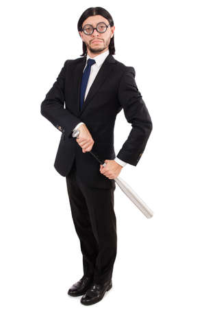 Young elegant man in black suit holding bat isolated on whiteの写真素材