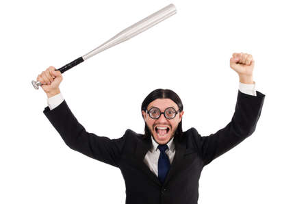 Young elegant man in black suit holding bat isolated on whiteの写真素材