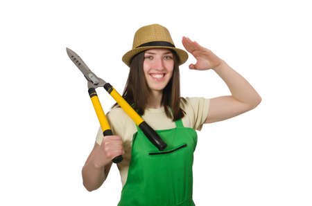 Young woman with shears on whiteの写真素材