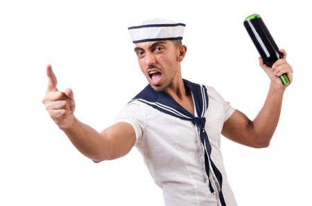 Sailor isolated with wine bottleの写真素材