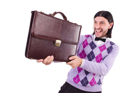 Smiling man with briefcase isolated on whiteの写真素材