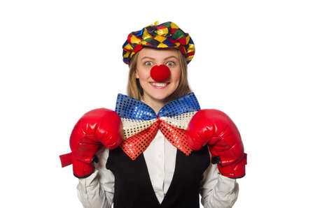 Pretty female clown with box gloves isolated on whiteの写真素材