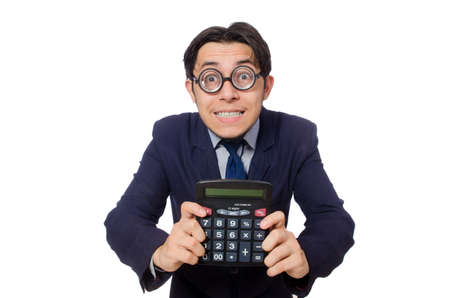 Funny man with calculator isolated on whiteの写真素材
